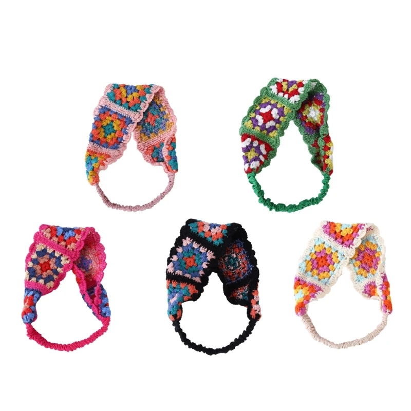

Sweet Girls Colorful Crochet Headband Summer Sunproof Camping Headwrap with Stretchy Hair Rope Teenagers Lovely Kerchief
