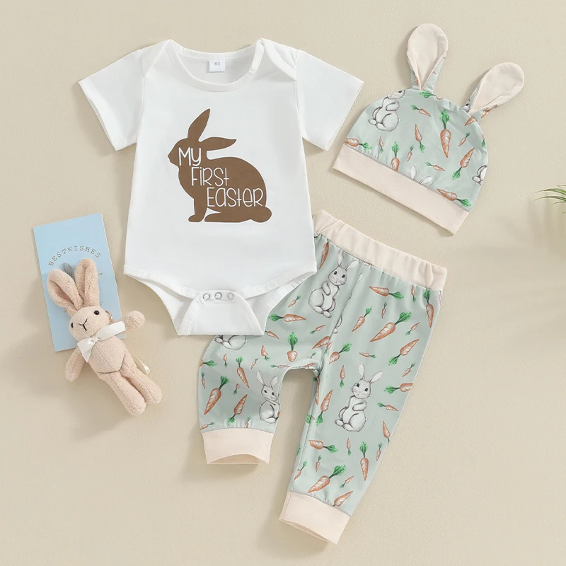 

2023-11-24 Lioraitiin 0-18M Baby Boy Easter Outfits Short Sleeve Bunny Graphic Romper + Pants + Hat Set Infant Clothes