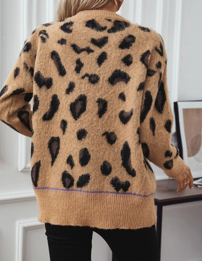 Женский жаккардовый свитер повседневный пуловер с леопардовым принтом и начесом