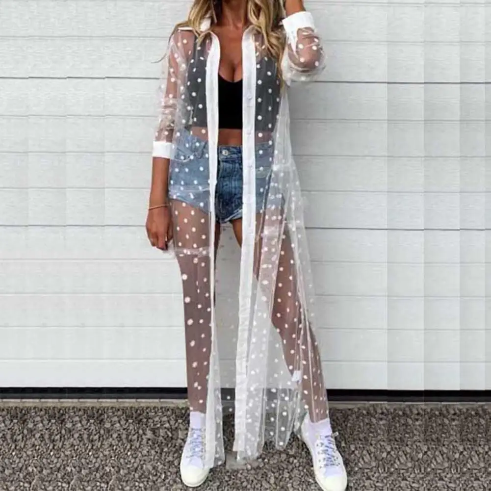 

Swimmwear Cover Up Long Sleeve Bikini Coat Open Front Polka Dot Net Yarn See-Through Lapel Bikini Beach Cover Up