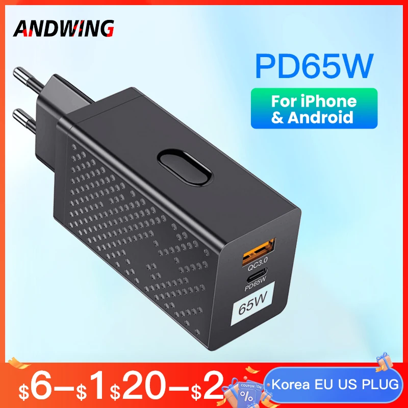 

Зарядное устройство ANDWING GaN USB C, 65 Вт, быстрая зарядка 4,0, 3,0, QC4.0, QC PD3.0 PD, быстрая зарядка USB Type-C для MacBook, Samsung, iPhone 13, 12