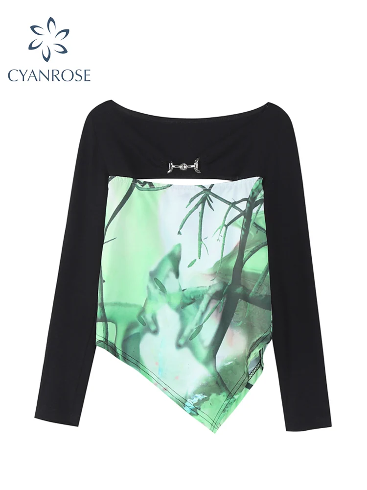 

Long Sleeve Cropped Top Women Clothes Vintage Print T-shirt Fashion Aesthetic Korean Streetwear Chic Patchwork Sexy Slim Y2k Top