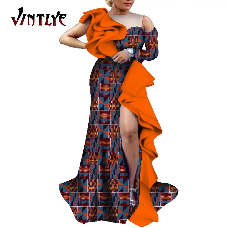 African Dresses for Women Print Patchwork Halter Long Dress with Ruffle Dashiki Lady Dress Nigerian Clothes Robe Dresses WY6241