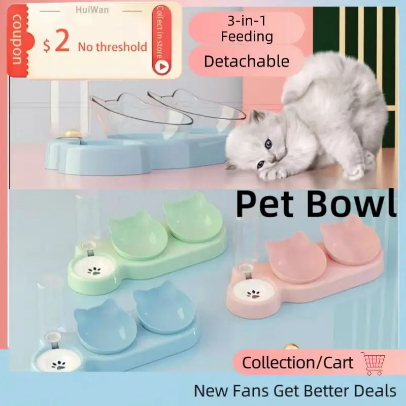 

Pet Cat Bowl Automatic Feeder 3-in-1 Dog Cat Food Bowl with Water Fountain Double Bowl Drinking Raised Stand Dish Bowls for Cats