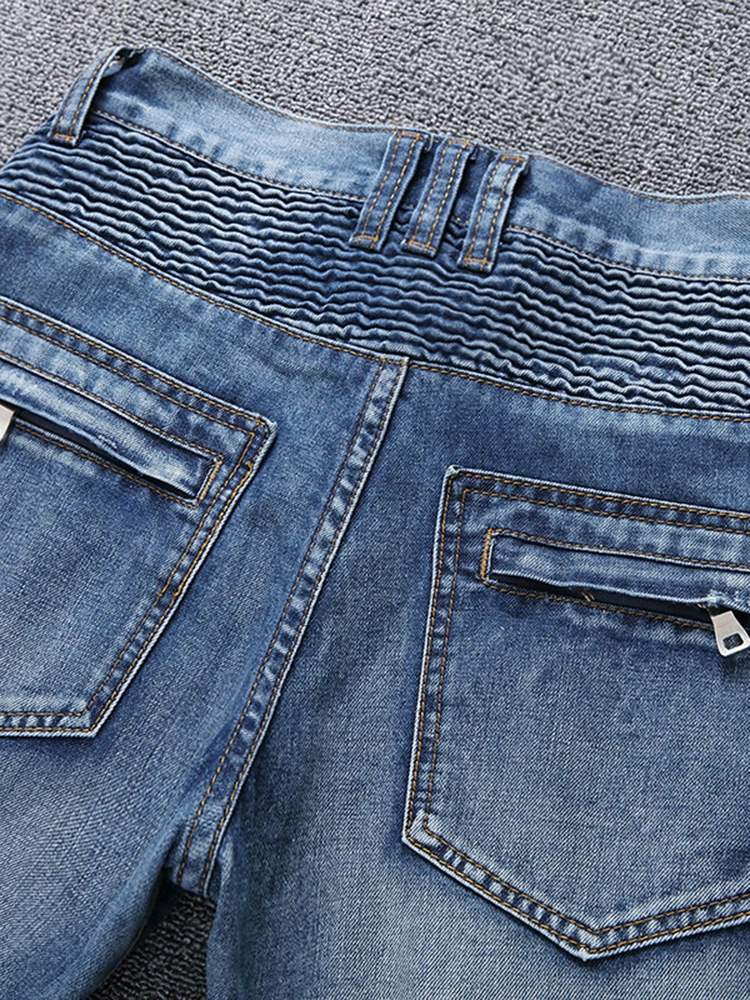 2023 Men Casual Biker Denim Jeans Blue Stretch Solid Regular Fit Long Pants Male Street Vintage Youth Y2k Jeans Large Size 28-42