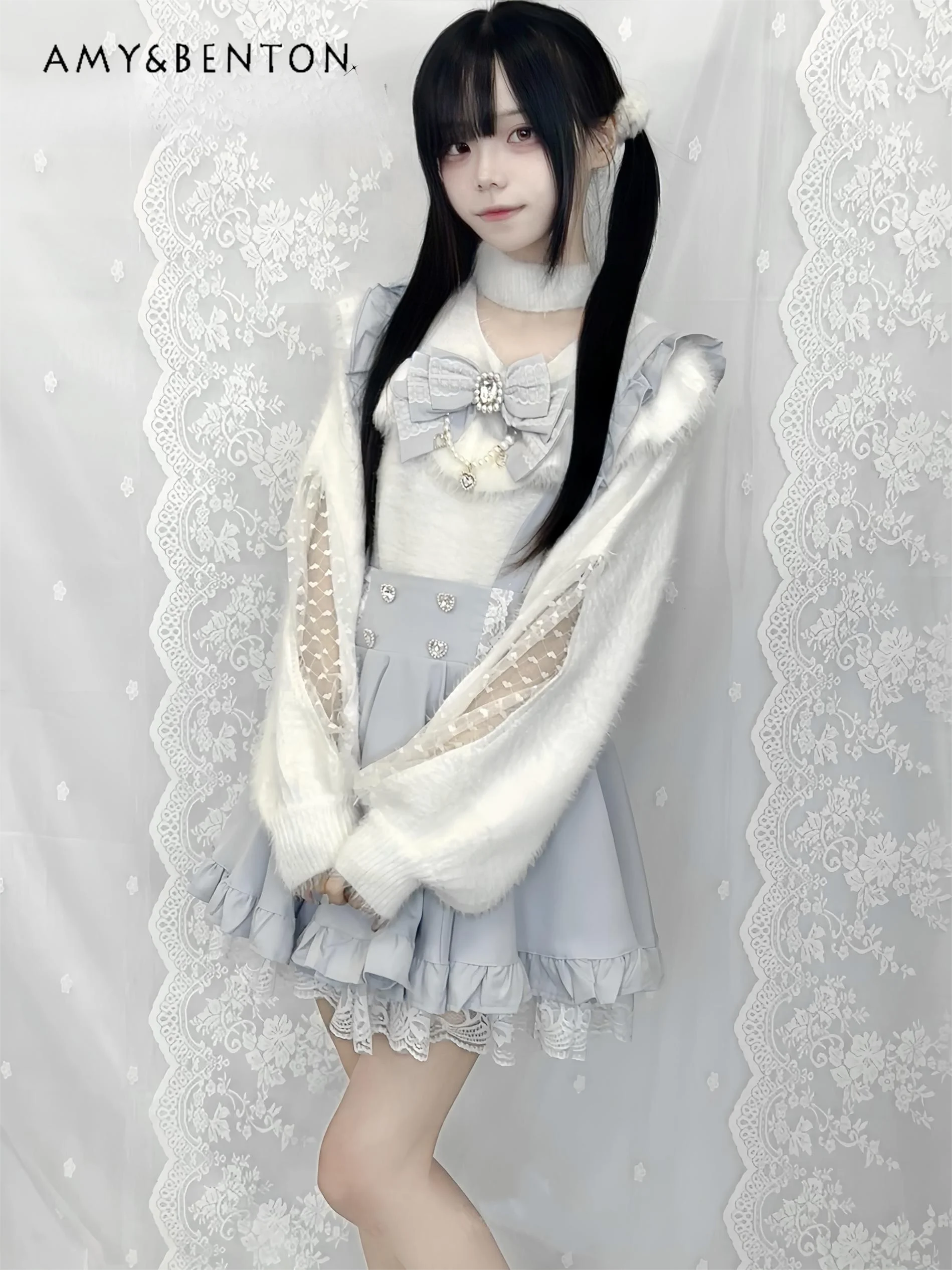 Японская серия Mine массовое производство свитер с кружевным бантом и лямкой на