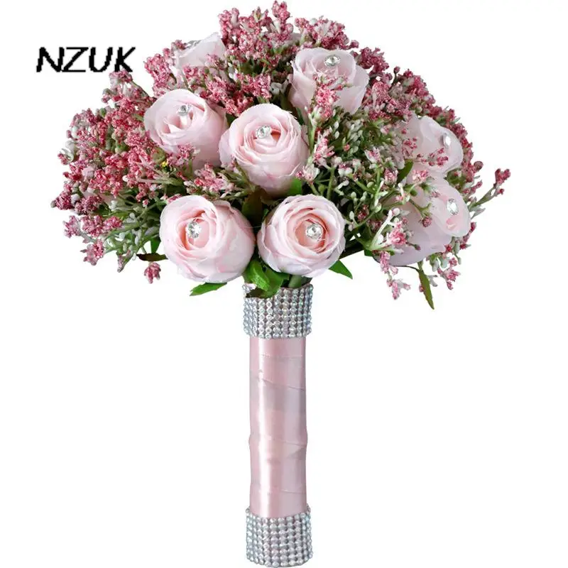 NZUK 2022 Bouquet Bride Wedding Bouquet Artificial Silk Rose Flower Fake Baby’s Breath Pink Nosegay Party Prom Wedding Supplies