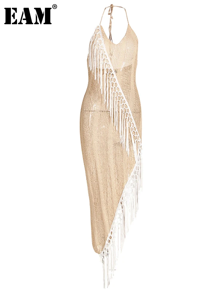 

[EAM] Women Apricot Tassles Irregular Hollow Out Sexy Dress New V-Neck Sleeveless Fashion Tide Spring Summer 2023 17A9963