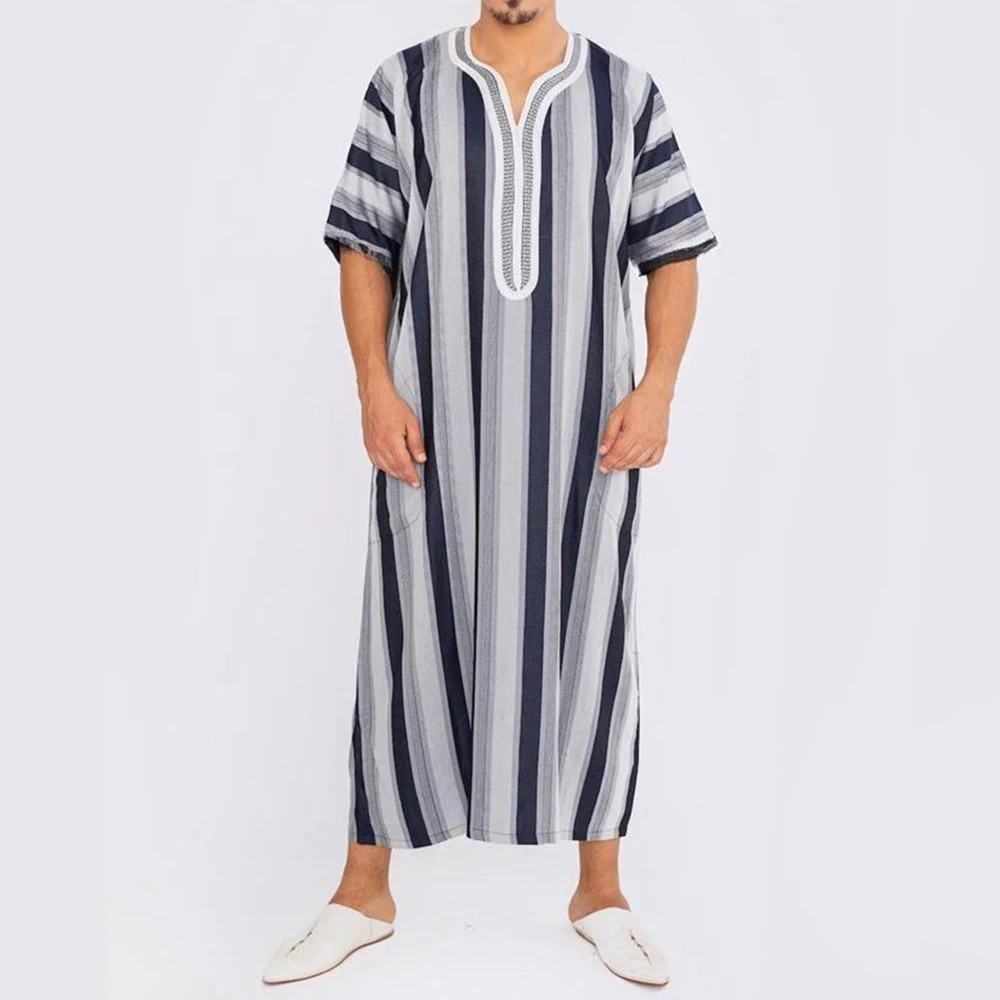 New Trendy Embroidery Muslim Jubba Thobe  For Men Islam Kaftan Abaya Pakistan Saudi Arabia Djellaba Short Sleeve 1Piece LongDres
