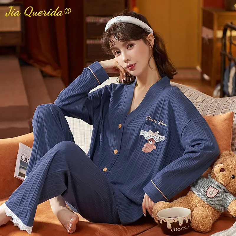 

Осенне-зимний женский пижамный комплект 3XL, ночная рубашка с принтом медведя, Трикотажная хлопковая одежда для сна, кардиган, кимоно, пижамы для молодых девушек