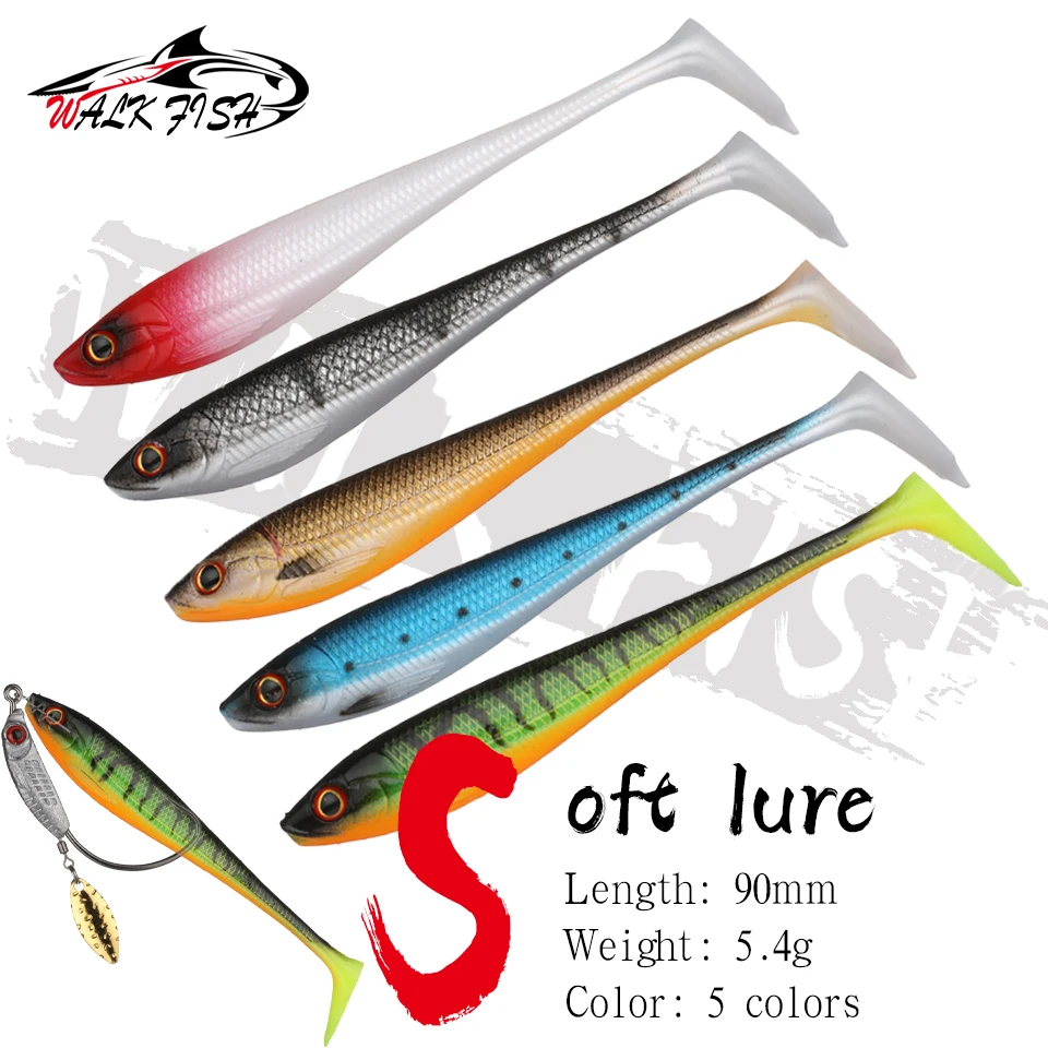 

WALK FISH Искусственные воблеры, 5 шт., Φ 90 мм/5,4 г, для ловли карпа, силиконовые 3D глаза, двухцветные приманки, T-tails, окуня, снасти