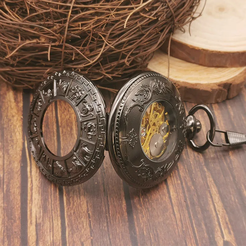 Vintage Zodiac Sign Engraved Roman Numerals Display Pocket Watch Strap Chain Pendant Mens Womens Popular Gifts