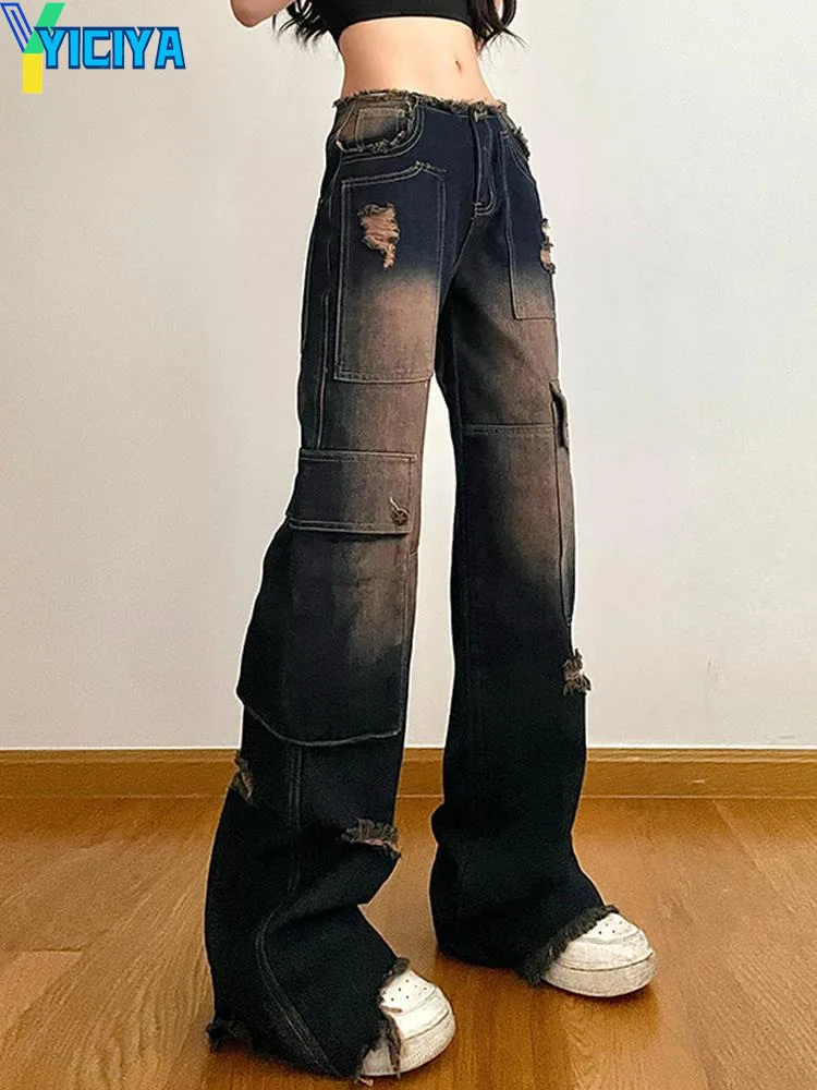 

YICIYA y2k style jeans Women Cargo pants Vintage Baggy Hole Straight Tooling Denim Trousers High Waist Long Pant Female Clothing