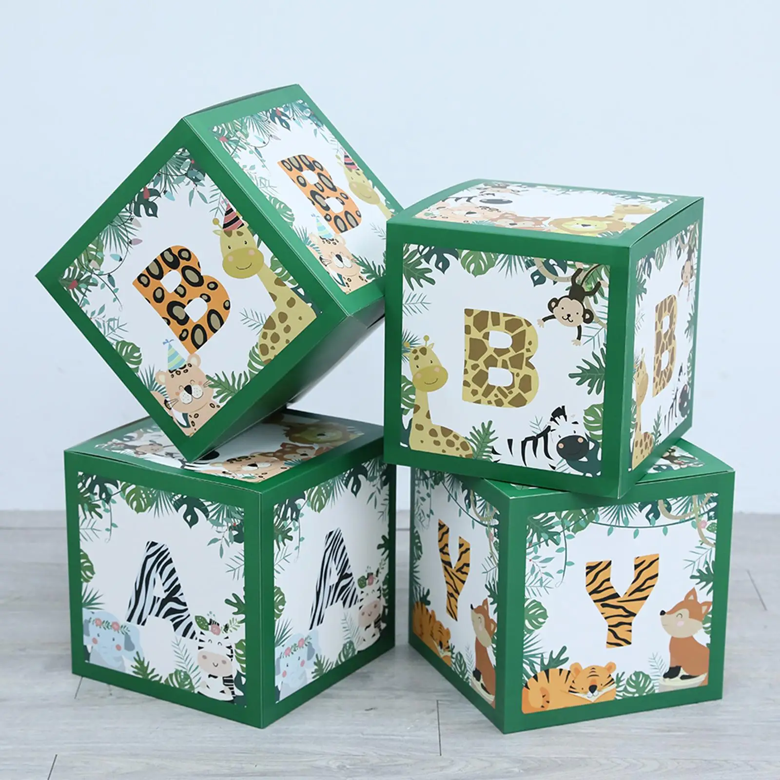 

4Pcs Jungle Animals Ballons Box Blocks Decor for Baby Shower Party Birthday Party Gender Reveal Photo Props