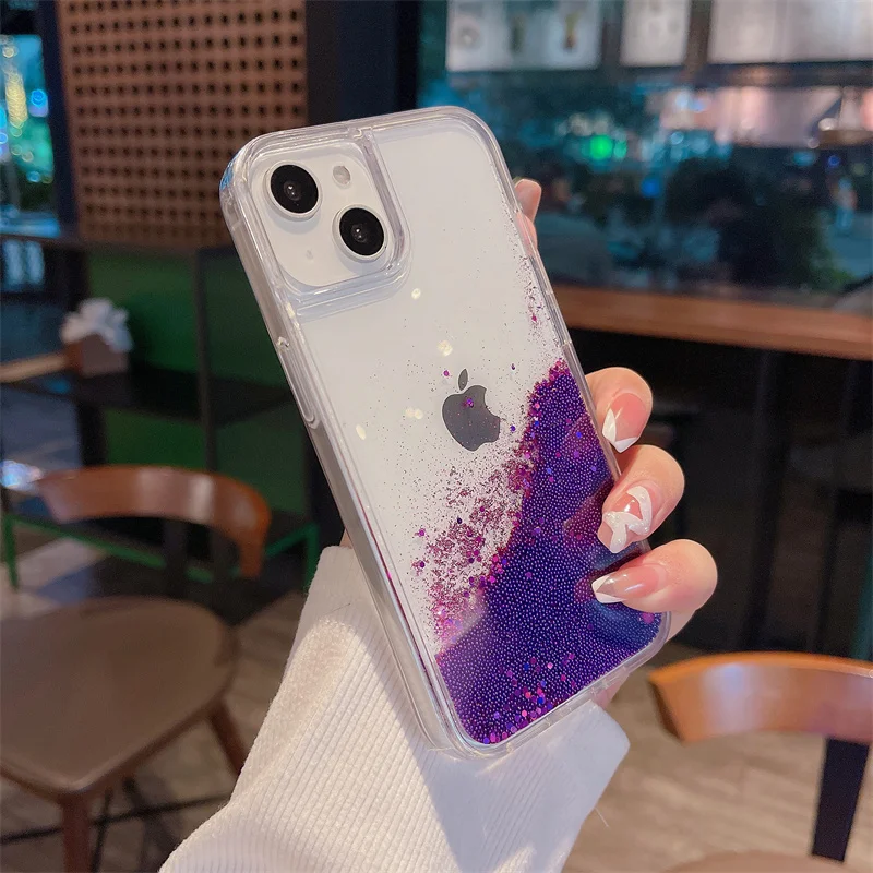 

Flowing beads glitter quicksand case for iphone 11 12 13 14 Pro x xr xs 13 7 8plus clear shockproof cover girl phone case