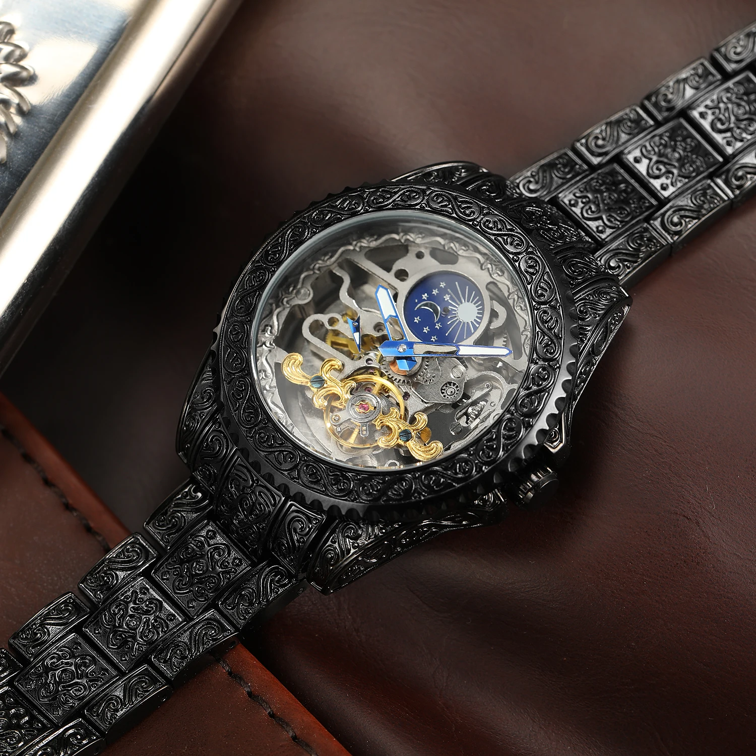 Forsining Роскошные автоматические механические часы с золотым стальным ремешком со