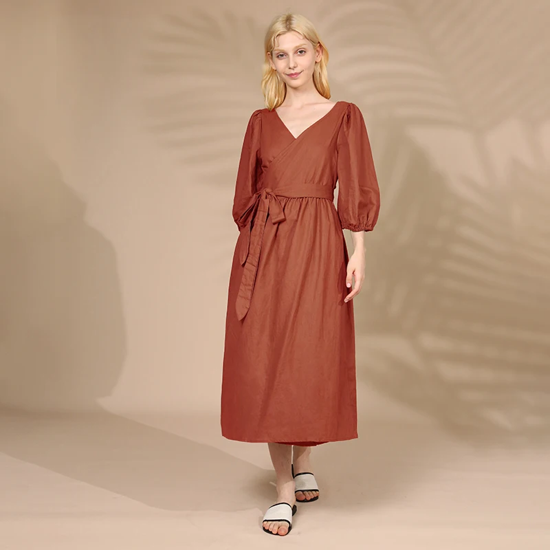 Элегантное женское платье из хлопка и льна сексуальные платья с V-образным