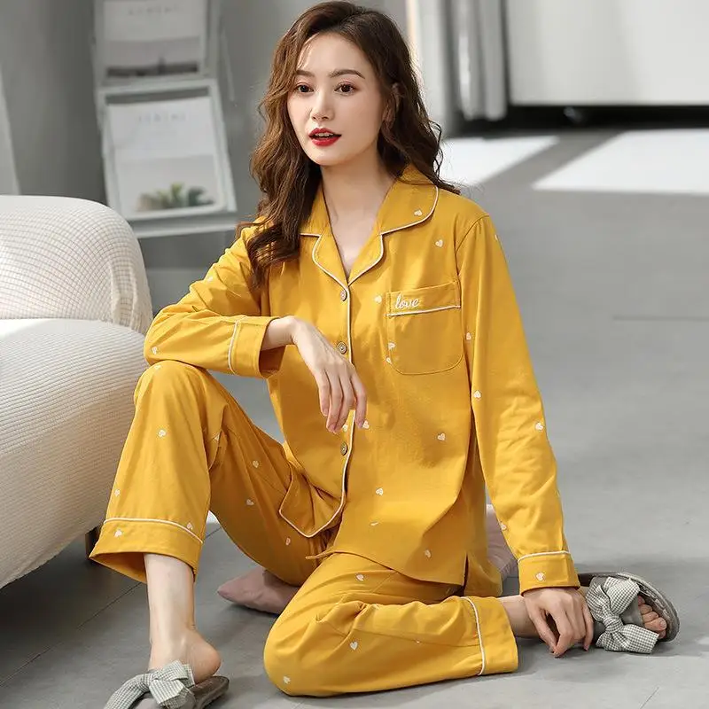 New Knitted Cotton 2 Piece sets Women's Pajama Sets Female Sleepwear Young Lady Pyjamas Yellow Lounge Fashion Homewear