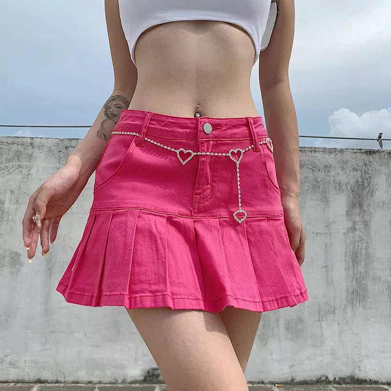 

fashionable Pink Denim Pleated Skirts Mini Solid Casual Woman Fashion Korean Style High Waist Skirt with Lined Hot Club Party Gi