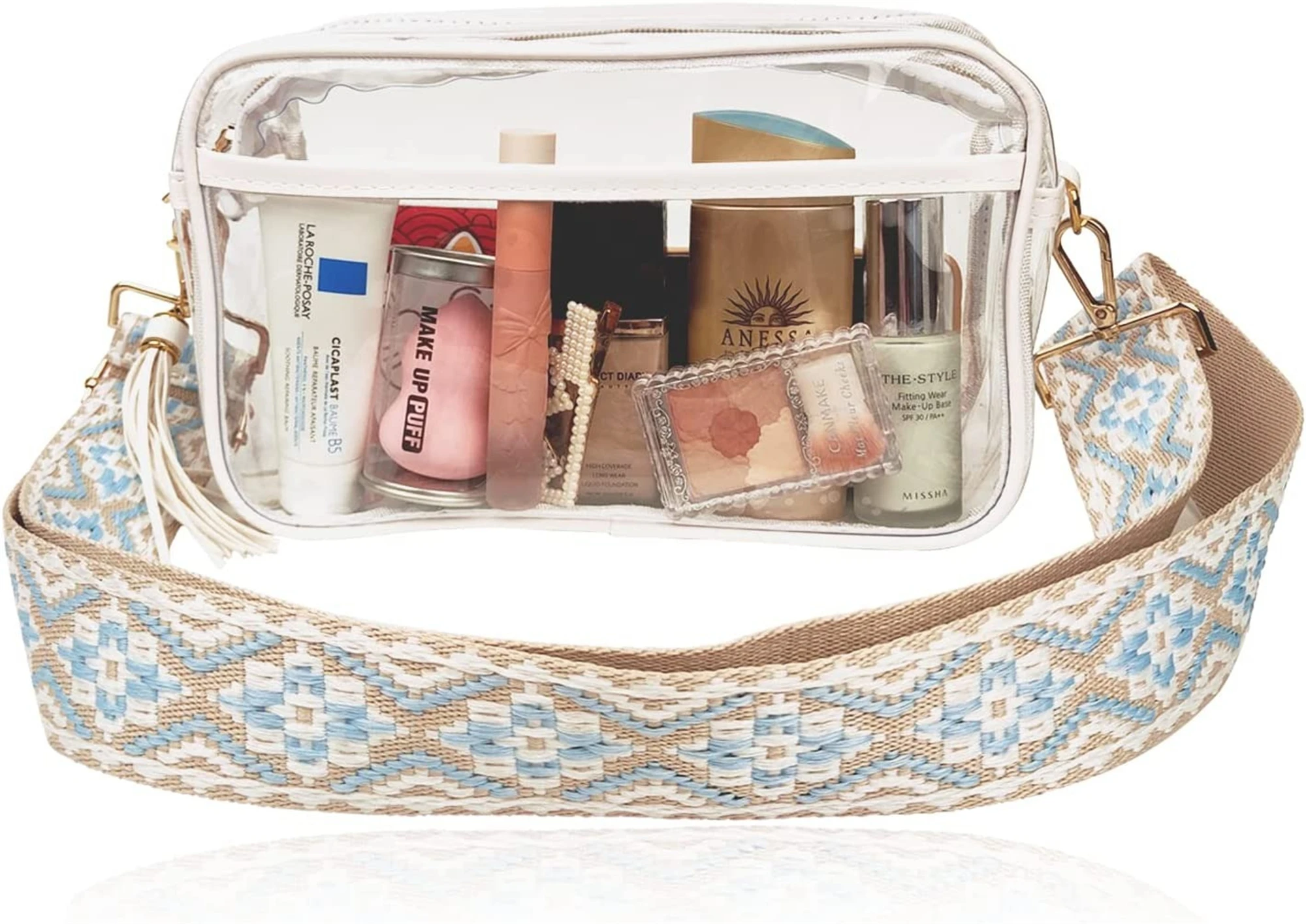 Women Courtney Gym Stadium Transparent PVC Crossbody Bag Clear Approved Purse With Guitar Strap with Zipper Top Bag For Concert