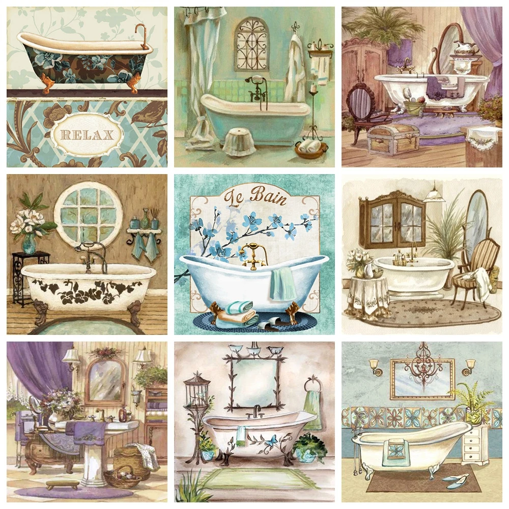 

5D DIY Diamond Painting Retro Bathtub Landscape Full Drill Diamond Embroidery Mosaic Cross Stitch Kit Picture Home Bath Decor