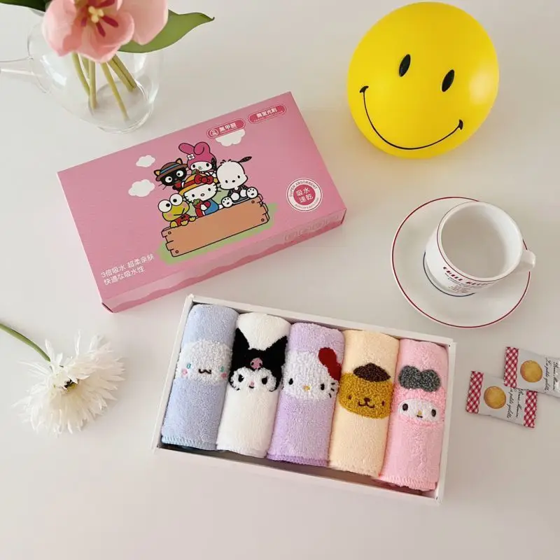 

5Pcs Sanrio Kuromi Hello Kitty Towel Cartoon Pattern Soft Strong Water Absorption Bathing Supplies Convenient Gift Box Packaging