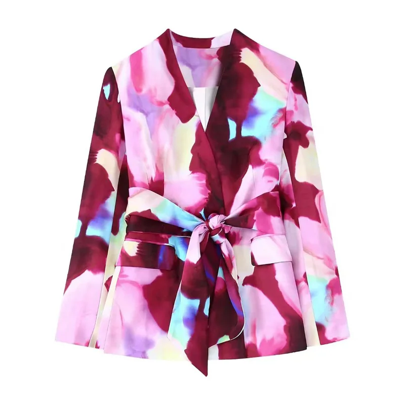 

Spring Autumn Women's Casual Printed Belt Decorative Jacket
