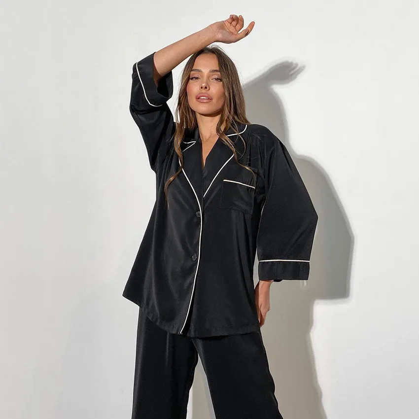 Luxury Black Color Satin Pyjamas Set Women's Sleepwear Homewear Long Sleeve Two Pieces Pajamas Night Wear Set For Winter Autumn