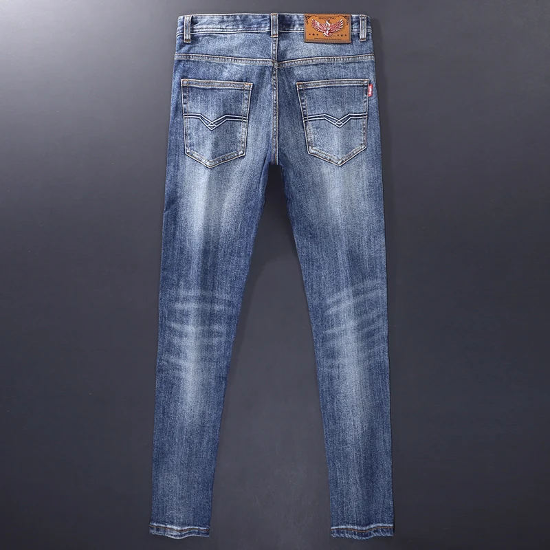 Высококачественные модные мужские джинсы стрейч винтажные потертые синие