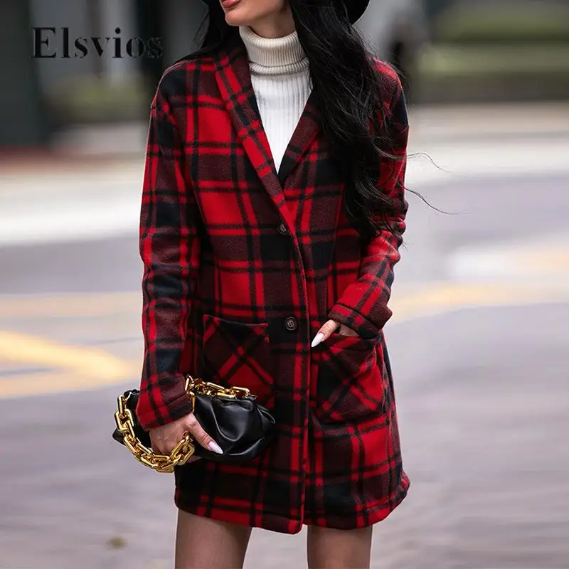 

Fashion Winter Plaid Print Overcoat Women Casual Vintage Long Sleeve Outwear Coat Autumn Pocket Single-breasted Loose Jacket Top