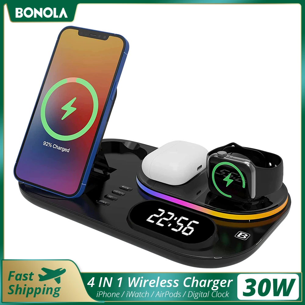 bonola 30w qi 4 in 1 wireless charger clock pad for iphone 12 11 8 wireless charging stand for apple watch 7 6 seairpods pro free global shipping