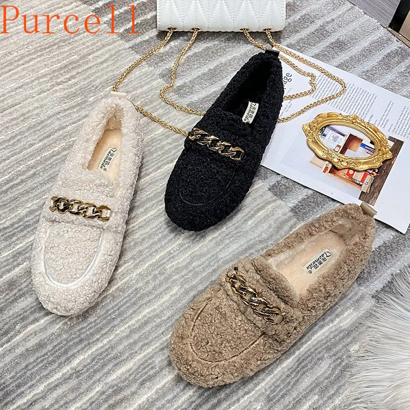women's winter plush shoes Fashion chain round head design Outdoor leisure warm snow boots plus size loafers 41-43