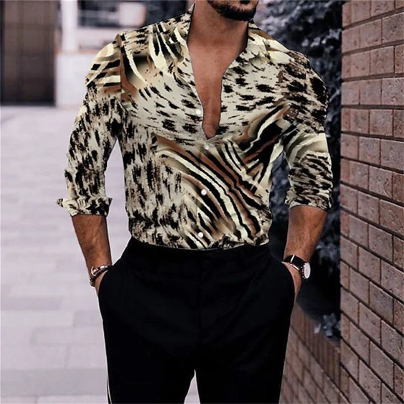 

Мужская рубашка с леопардовым принтом, коричневая уличная рубашка с манжетами и длинными рукавами, уличная модная дизайнерская повседневная одежда высокого качества