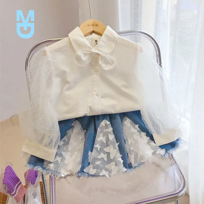 

New Girls Full Sleeve Tops French Shirt Three-dimensional Butterfly Denim Skirt Kids Baby Children Clothes Sets 2pcs 3-9Y