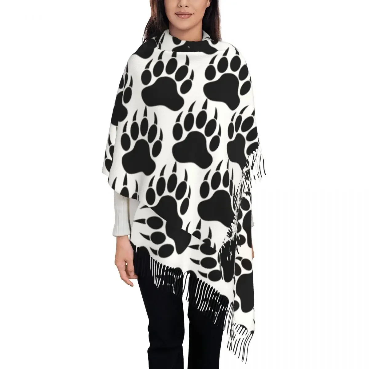 Женская длинная осенне-зимняя теплая шаль с кисточками