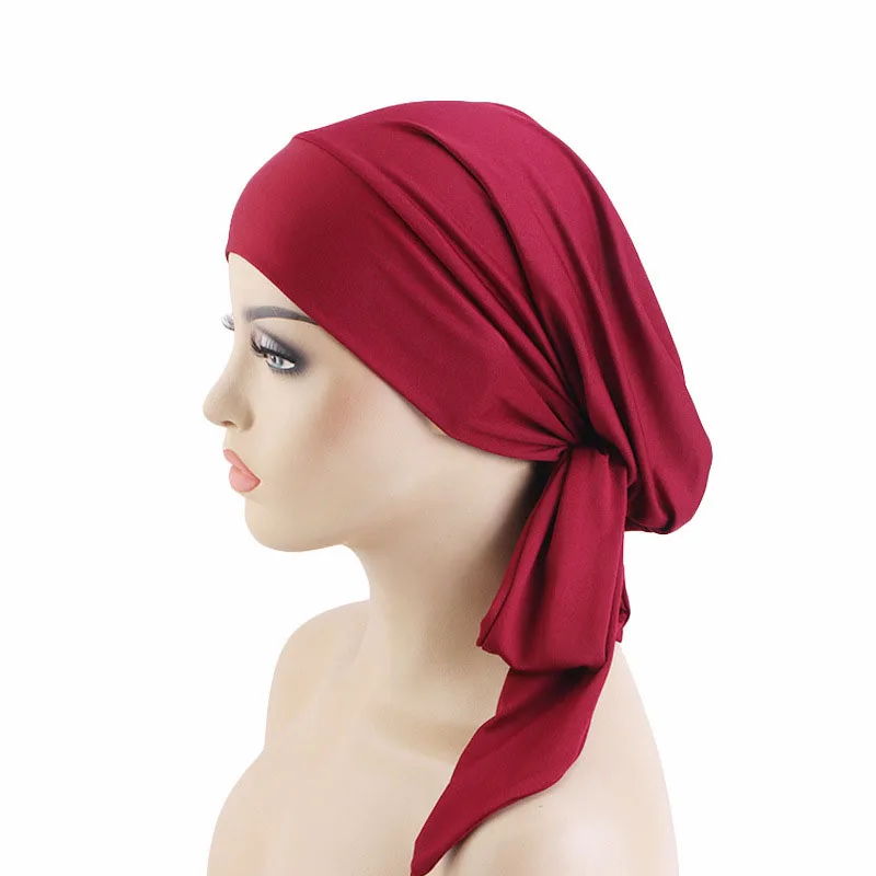 

Women Pre-Tied Turban Chemo Cap Muslim Hijab Inner Cap Beanies Bonnet Long Tail Headscarf Hat Solid Headwrap Caps Strech Bandana