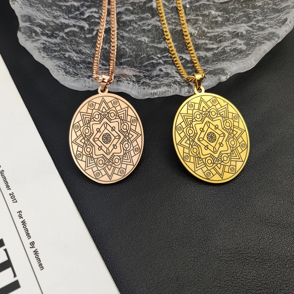 

Men Necklace Stainless Steel Women Cuban Chain Personalised Mandala Flower Pattern Pendant Choker Fashion Jewelry for Bestfriend