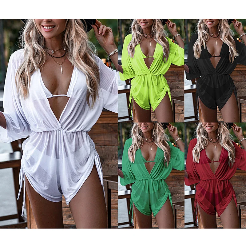 

Новинка лета 2022, женское однотонное бикини, стильный соблазнительный купальник из 3 предметов, туники, Пляжная накидка для купальников, женс...