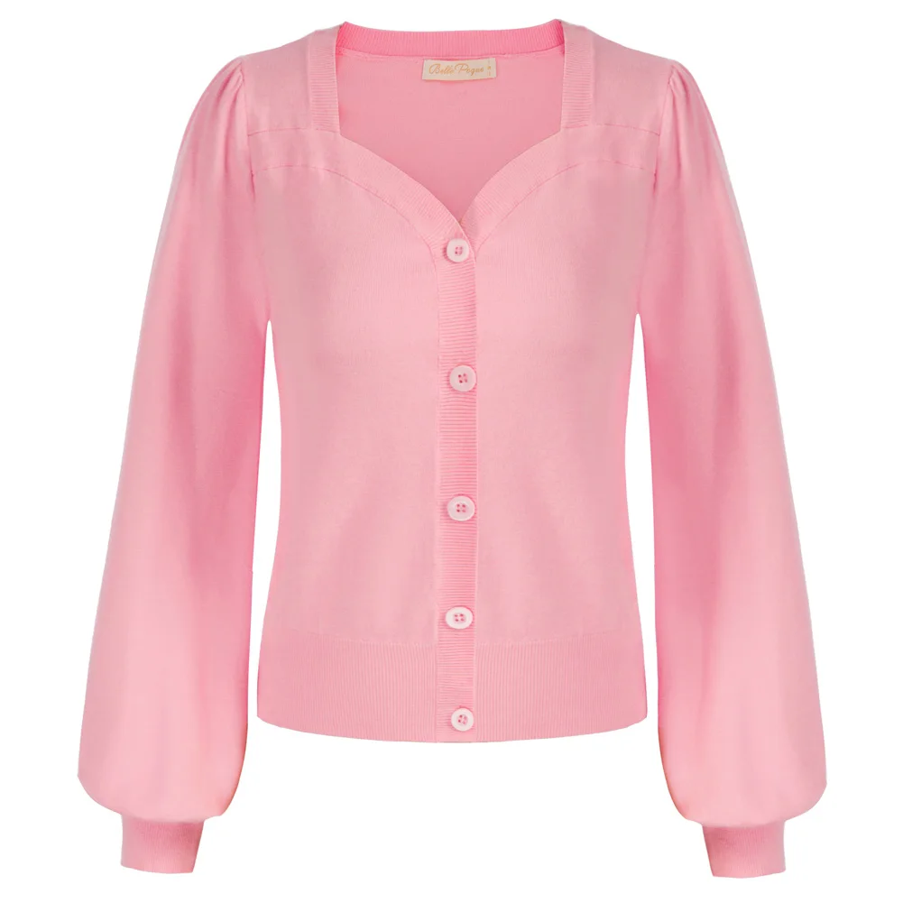 

BP Women Vintage Cardigan Sweater Long Sleeve Square V-Neck Button-Up Knitwear Lady Single Breasted Tops Peach Heart Collar Card