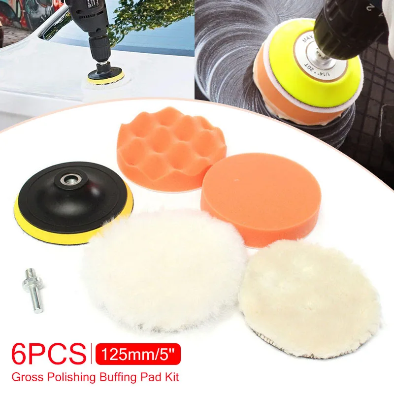 

6Pcs 125mm Gross Sponge Polishing Pad Kit With Drill M10 Adapter 5inch Waxing Buffing Pad For Car Polisher Removes Scratches