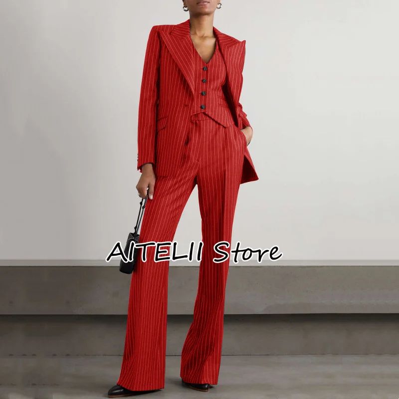 Women's Three-piece Suit Fashion Stripe Slim Fit Lapel (Jacket + Vest + Trousers) Collar Single-breasted for Business Casual Top