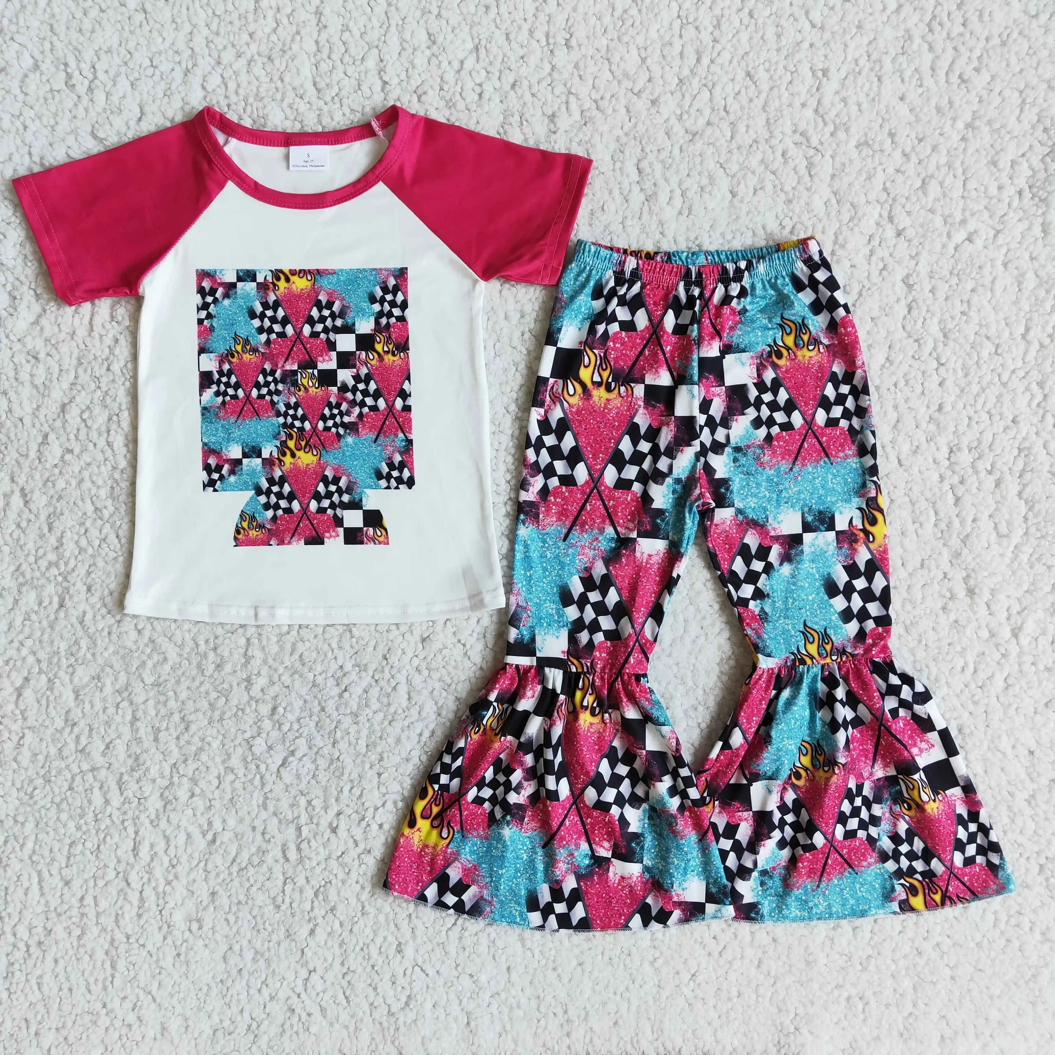 

Pink Raglan Black Plaid Flag Short Sleeve Bell Girls Outfits