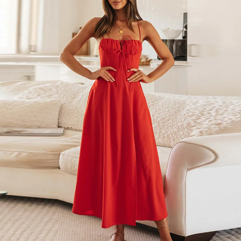 Элегантное длинное женское платье новинка лета 2029 красное на подтяжках халат Femme