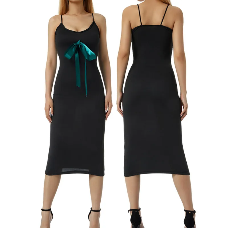 

Платье-футляр женское с V-образным вырезом, элегантное черное платье-футляр на бретелях-спагетти, с бантом, украшением в виде рыбьего хвоста
