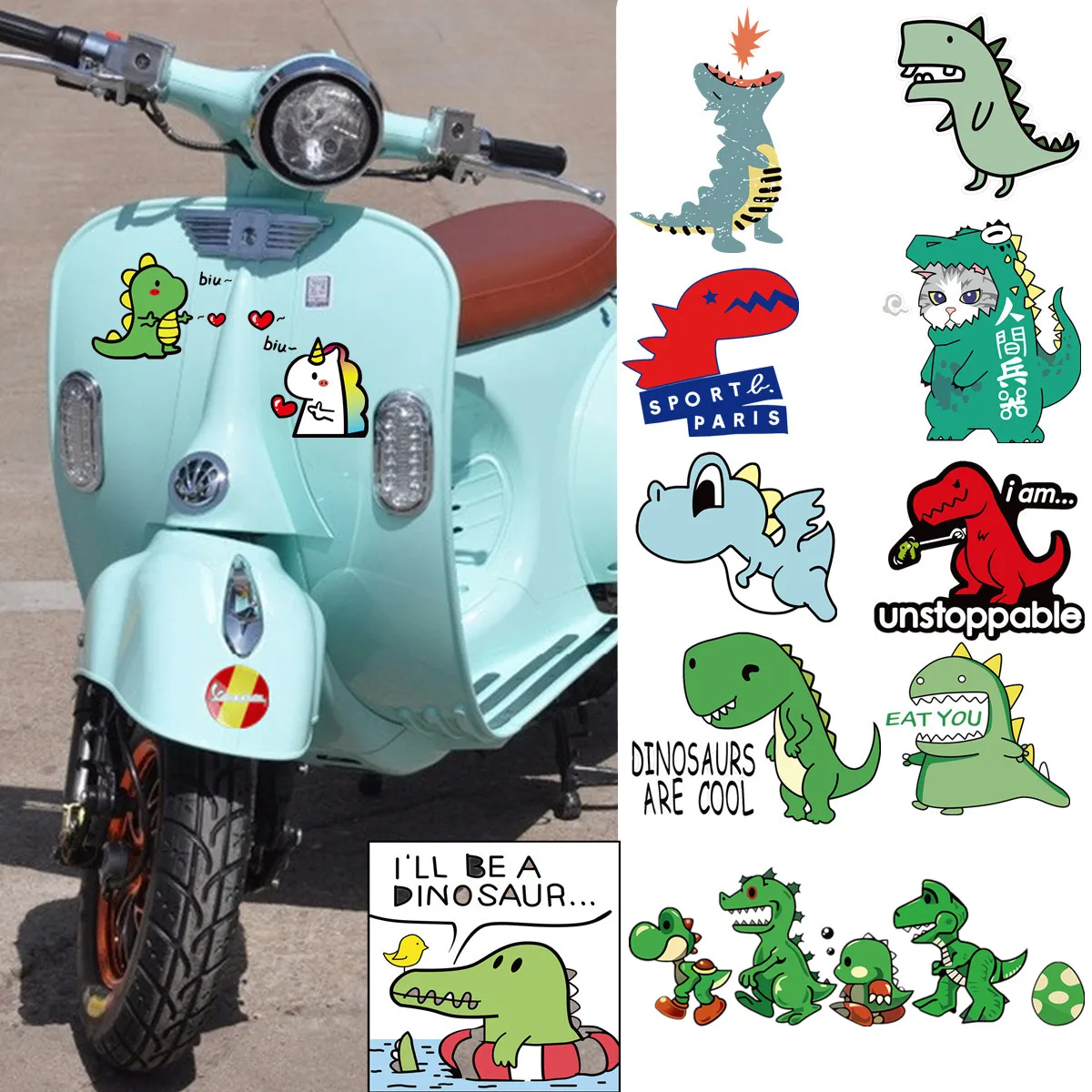 

Love Little Dinosaur Unicorn Motorcycle Sticker Unique Creative Cartoon Cute Electric Decorative Scratch Christmas Gift
