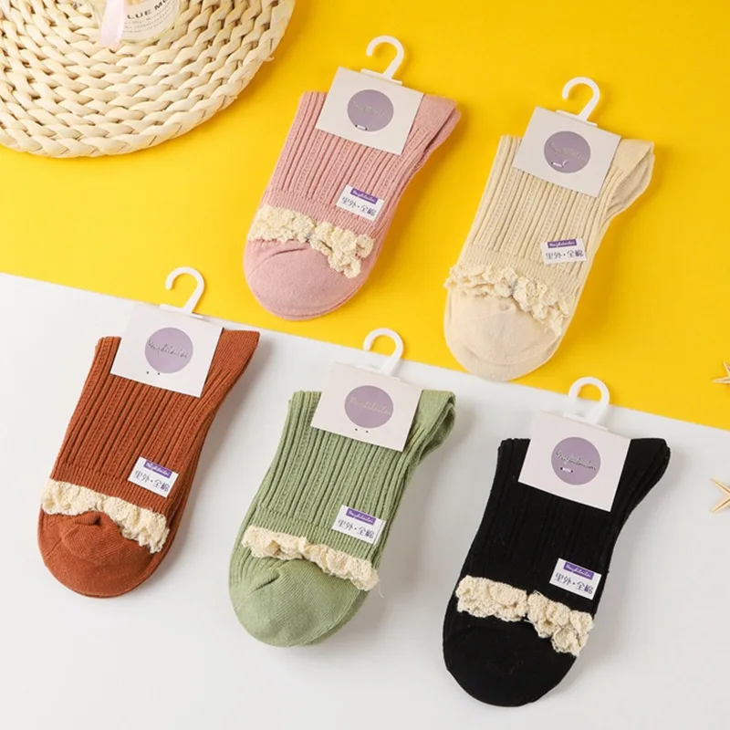 5 pairs of Korean lace women's socks trendy women's socks Sweet medium tube socks Striped vintage cotton double needle pile sock