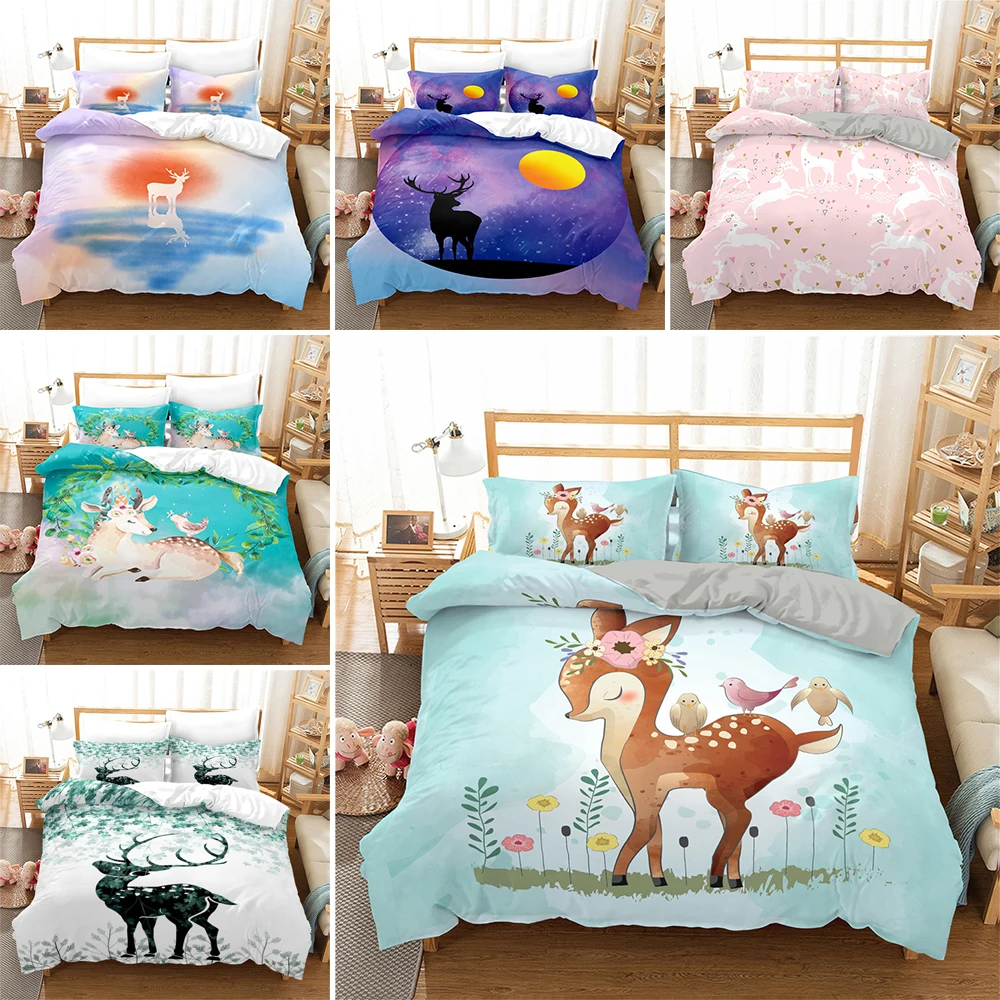 

3D Cartoon Deer Printed Duvet Cover Cute Animal Theme Bedding Set Quilt Covers Boys Girls 2/3pcs Full Queen King Size Bedclothes