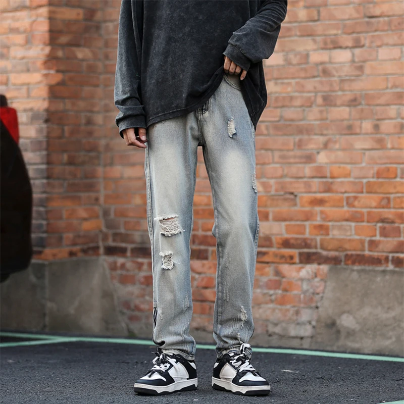 Y2K Vintage American Side Zipper Tide Brand Street Hole Jeans Men's Spring and Autumn Casual Loose Straight Hiphop Pants Pants