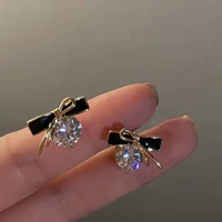 simple black fashion bow set zircon stud earrings cuff for women girl party jewelry gift