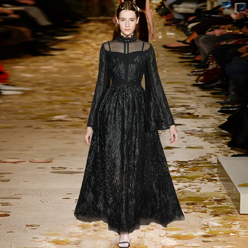 

Женское модельное Сетчатое платье макси, винтажное праздничное платье до пола с воротником-стойкой, Расклешенным рукавом и цветочной вышив...